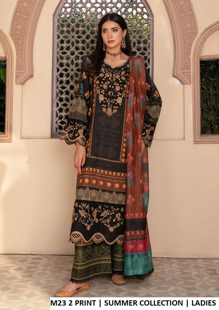 Lawn straight shirt plazo M23 2 PRINT - Pakistani women's summer casual outfit with digital printed dupatta front view