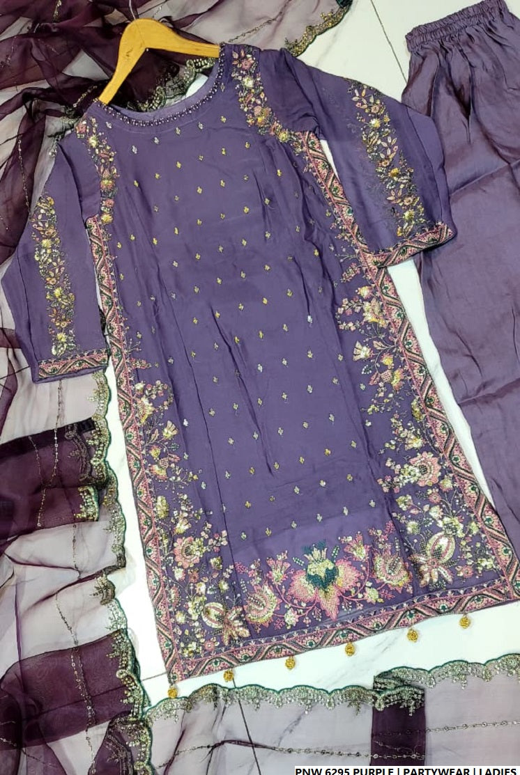 Pakistani women's purple chiffon straight shirt plazo back view