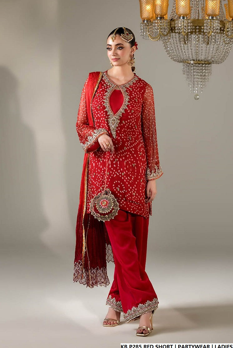 Red hand embroidered Pakistani women's luxury short suit side view