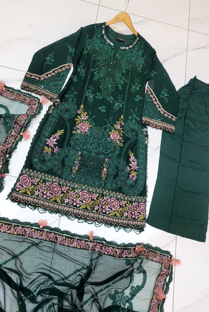 Pakistani women's bottle green organza A-Line shirt full view