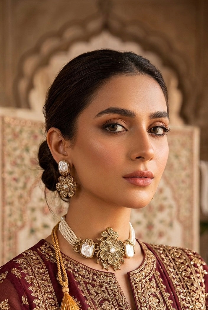 Antique floral pearl choker necklace set JW295 - Pakistani women's luxury bridal jewelry with multi-strand pearls and gold filigree front view