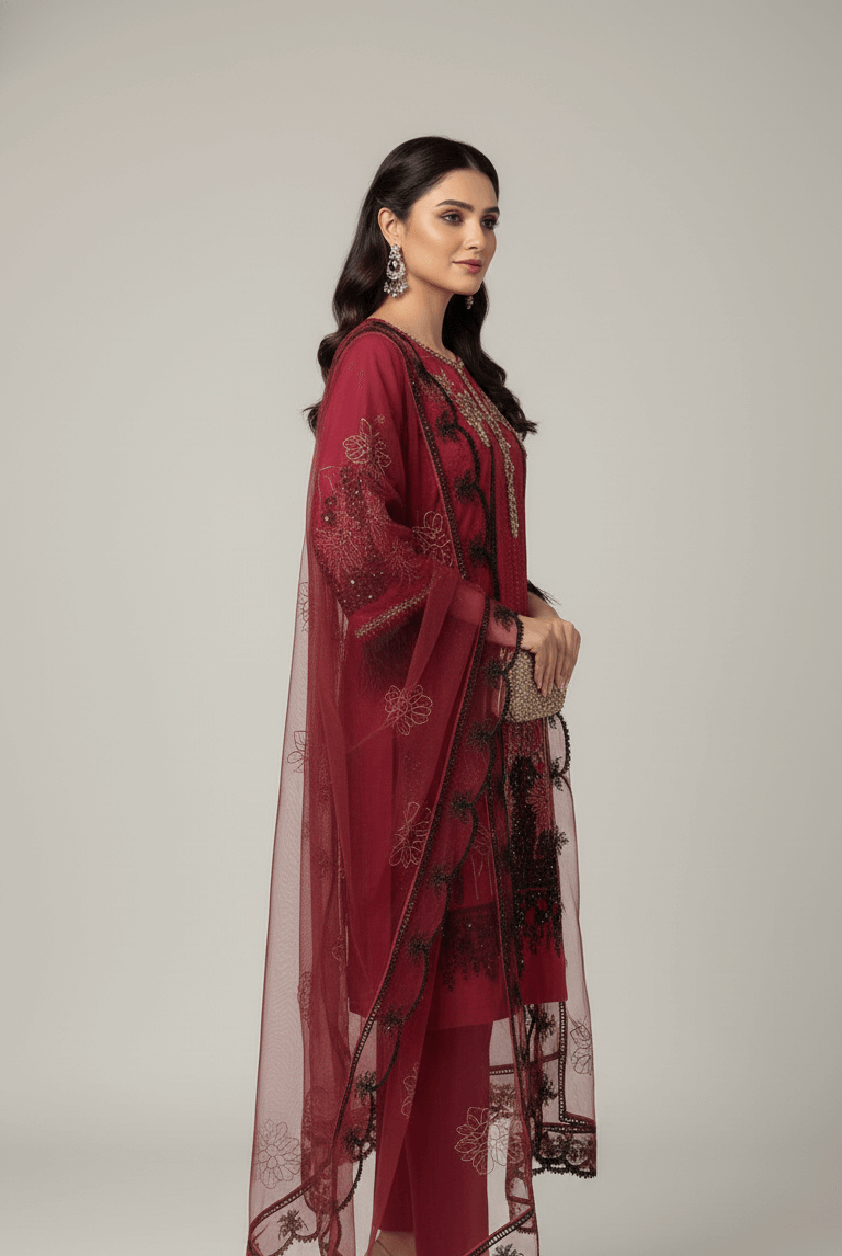 Maroon chiffon Pakistani women's straight shirt side view