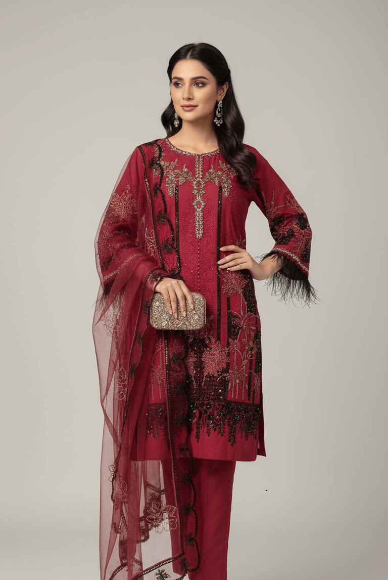 Chiffon straight shirt maroon - Pakistani women's elegant formal wear with viscose trouser and organza dupatta front view