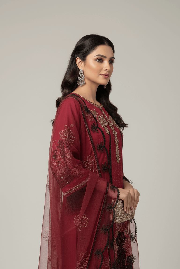 Pakistani women's maroon chiffon straight shirt back view
