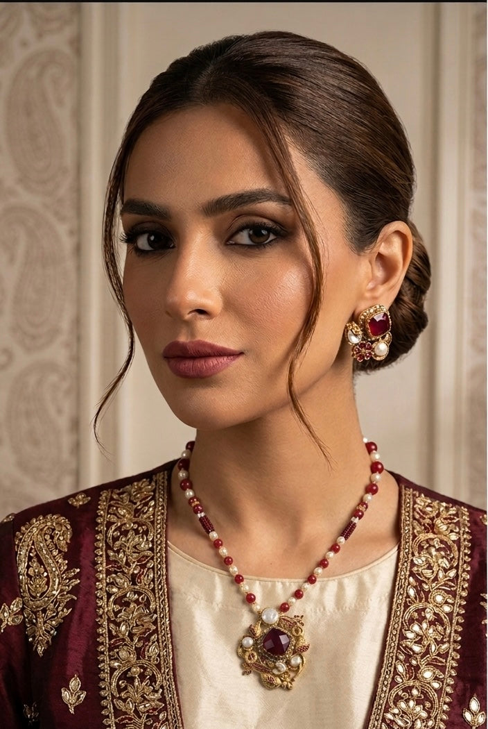 Ruby pearl statement necklace set JW295 - Pakistani women's luxury bridal jewelry with deep red ruby stones and pearl accents front view