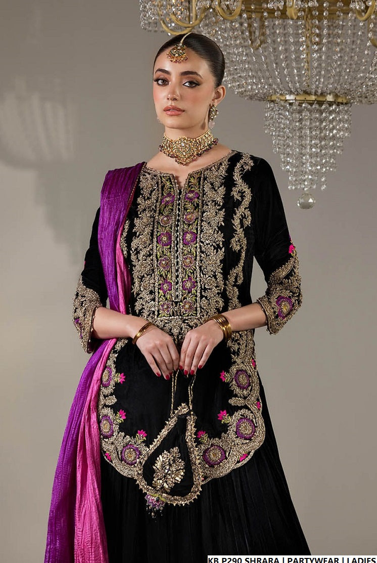 Pakistani women's velvet hand embroidered luxury sharara side view