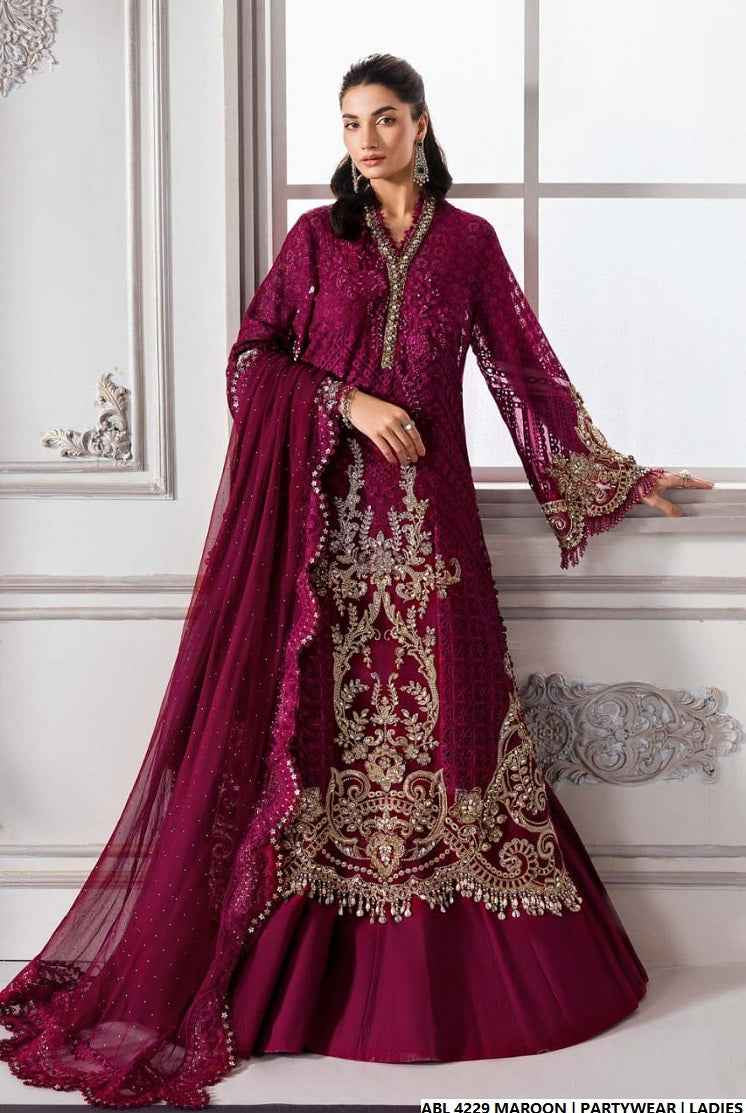 Organza A-Line shirt maroon - Pakistani women's elegant formal wear with viscose trouser and organza dupatta front view
