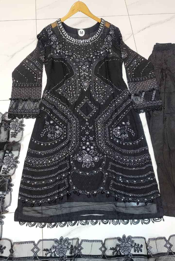 Pakistani women's black chiffon straight shirt back view