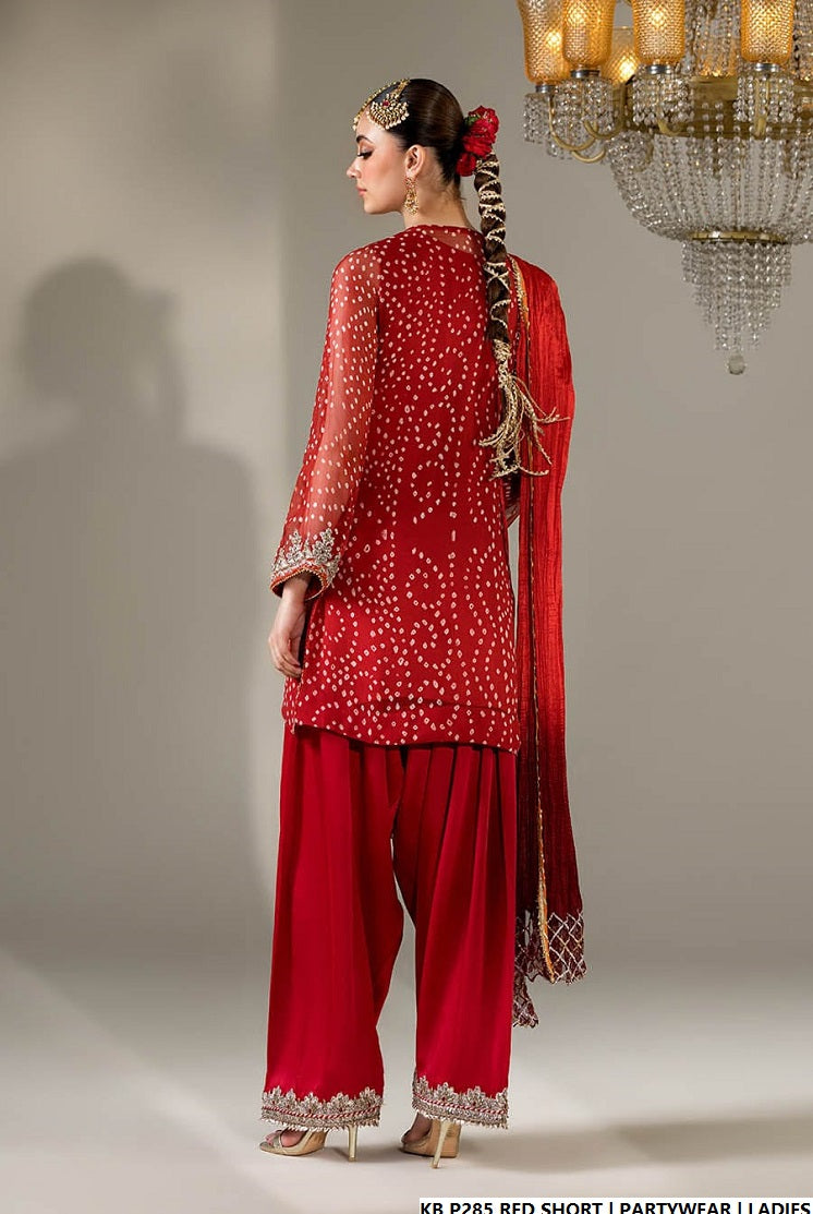 Pakistani women's red hand embroidered luxury short suit detail view
