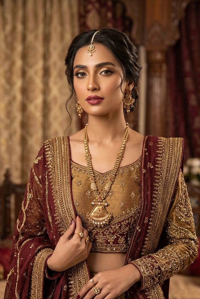 Antique gold heritage statement necklace set JW455 - Pakistani women's luxury bridal jewelry with temple style pendant and maang tikka front view