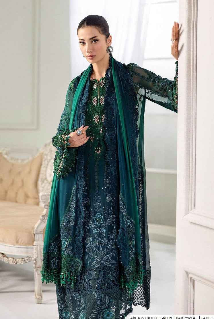 Bottle green chiffon Pakistani women's A-Line shirt side view
