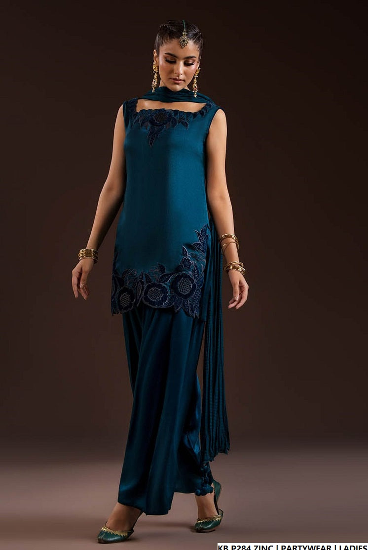 Pakistani women's zinc grey hand embroidered luxury suit detail view
