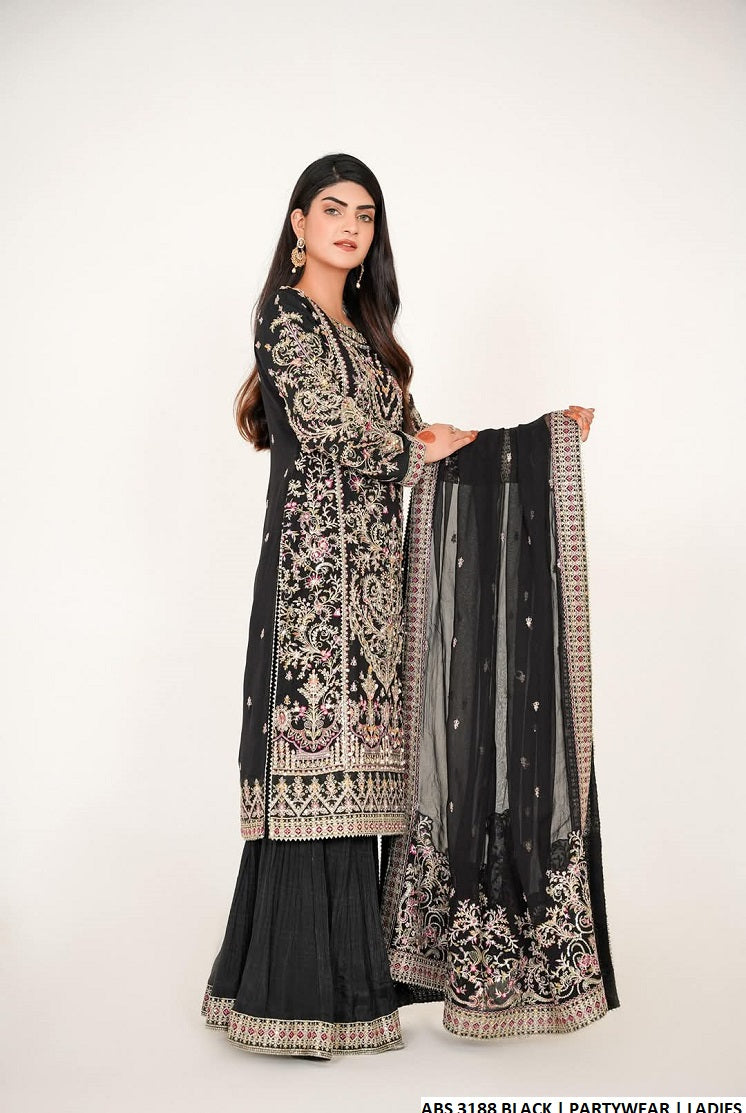 Chiffon straight shirt plazo ABS 3188 - Pakistani women's party wear with grip plazo and chiffon dupatta front view