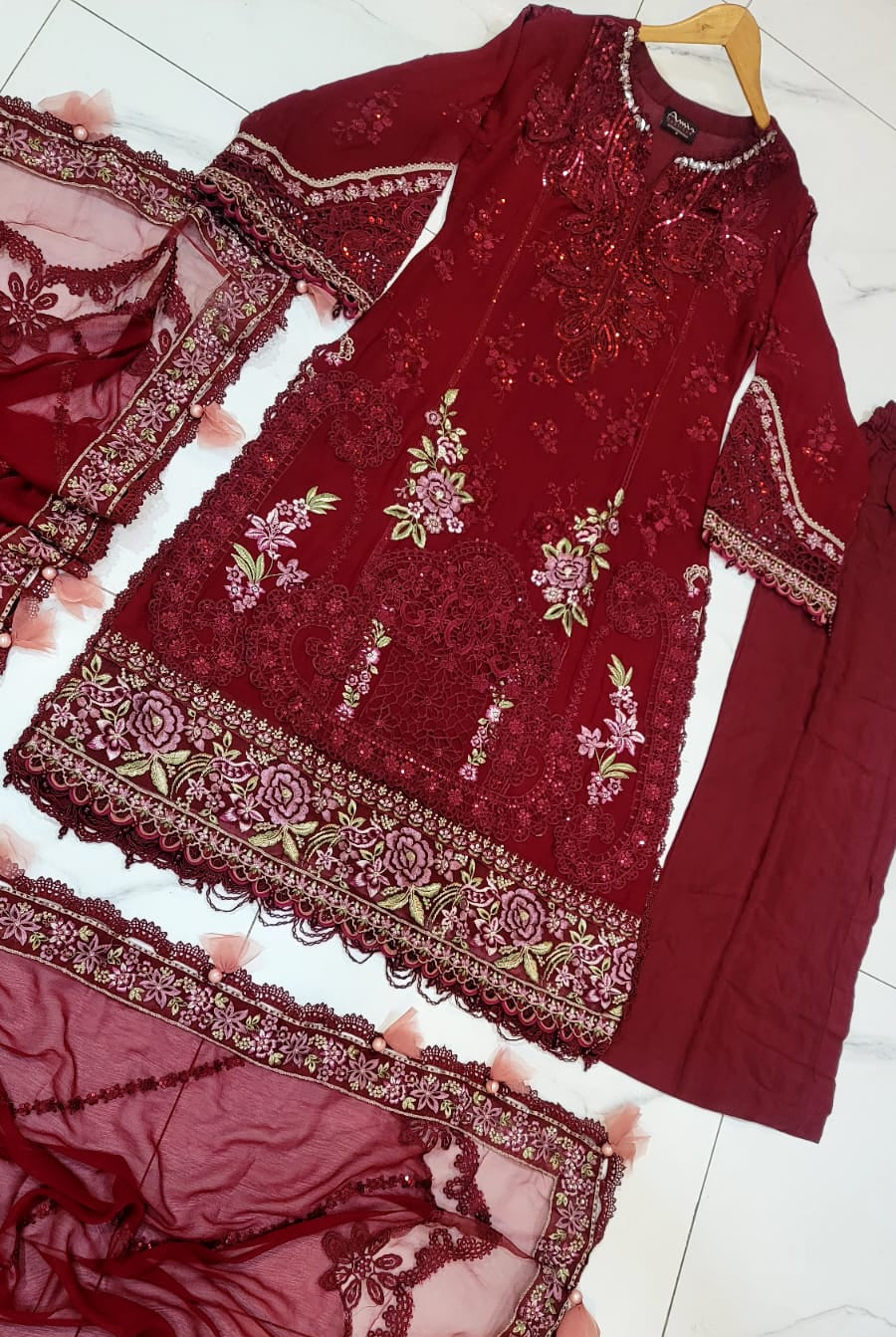 Pakistani women's maroon organza A-Line shirt back view