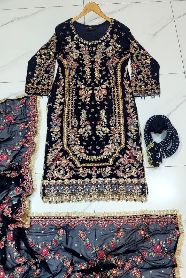 Pakistani women's navy blue chiffon A-Line shirt detail view