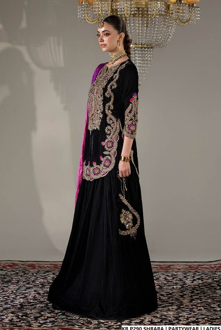 Pakistani women's velvet hand embroidered luxury sharara back view