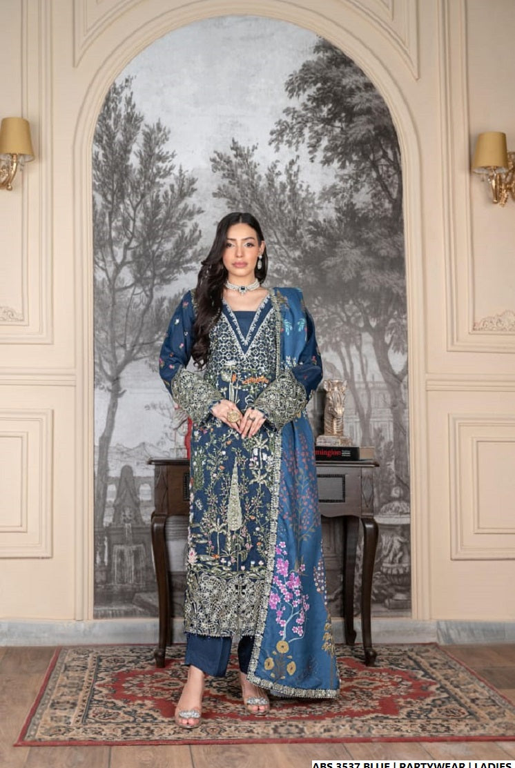 Organza straight shirt blue - Pakistani women's elegant formal wear with viscose trouser and organza dupatta front view