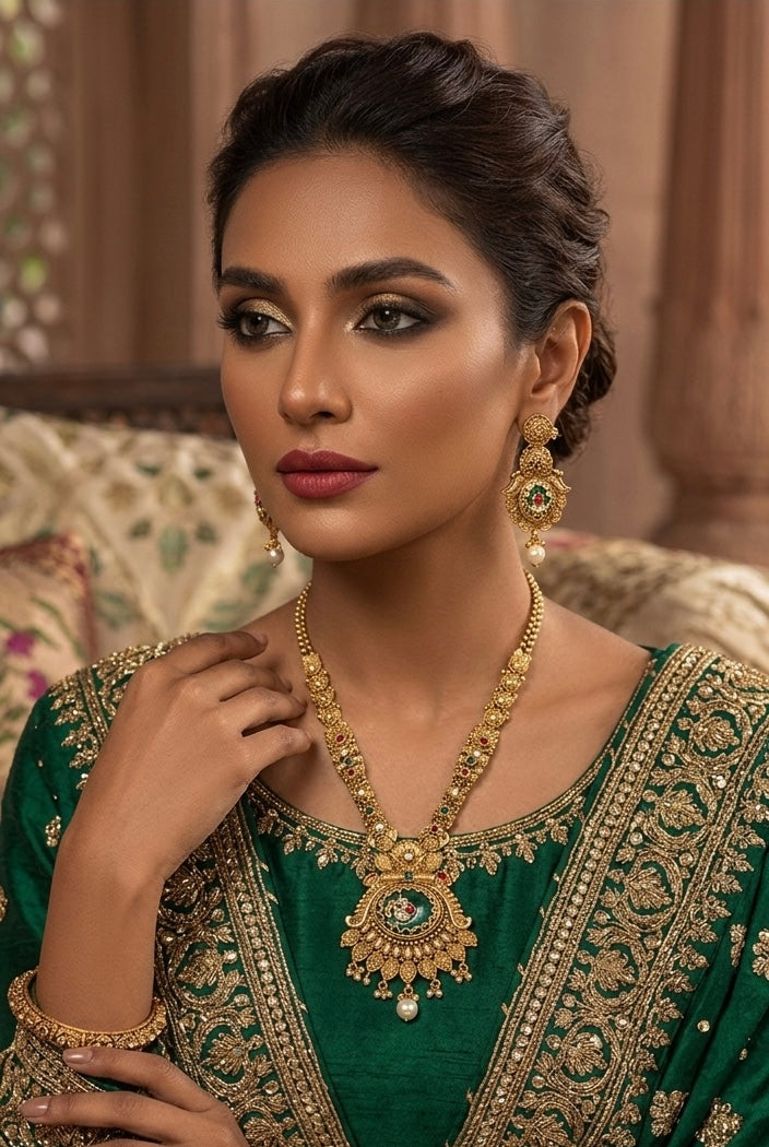 Royal emerald filigree heritage necklace set JW219 - Pakistani women's luxury bridal jewelry with emerald center stone and pearl droplets front view