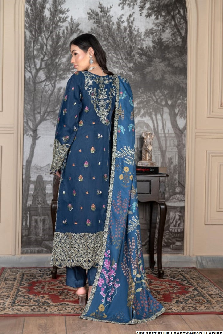Pakistani women's blue organza straight shirt back view