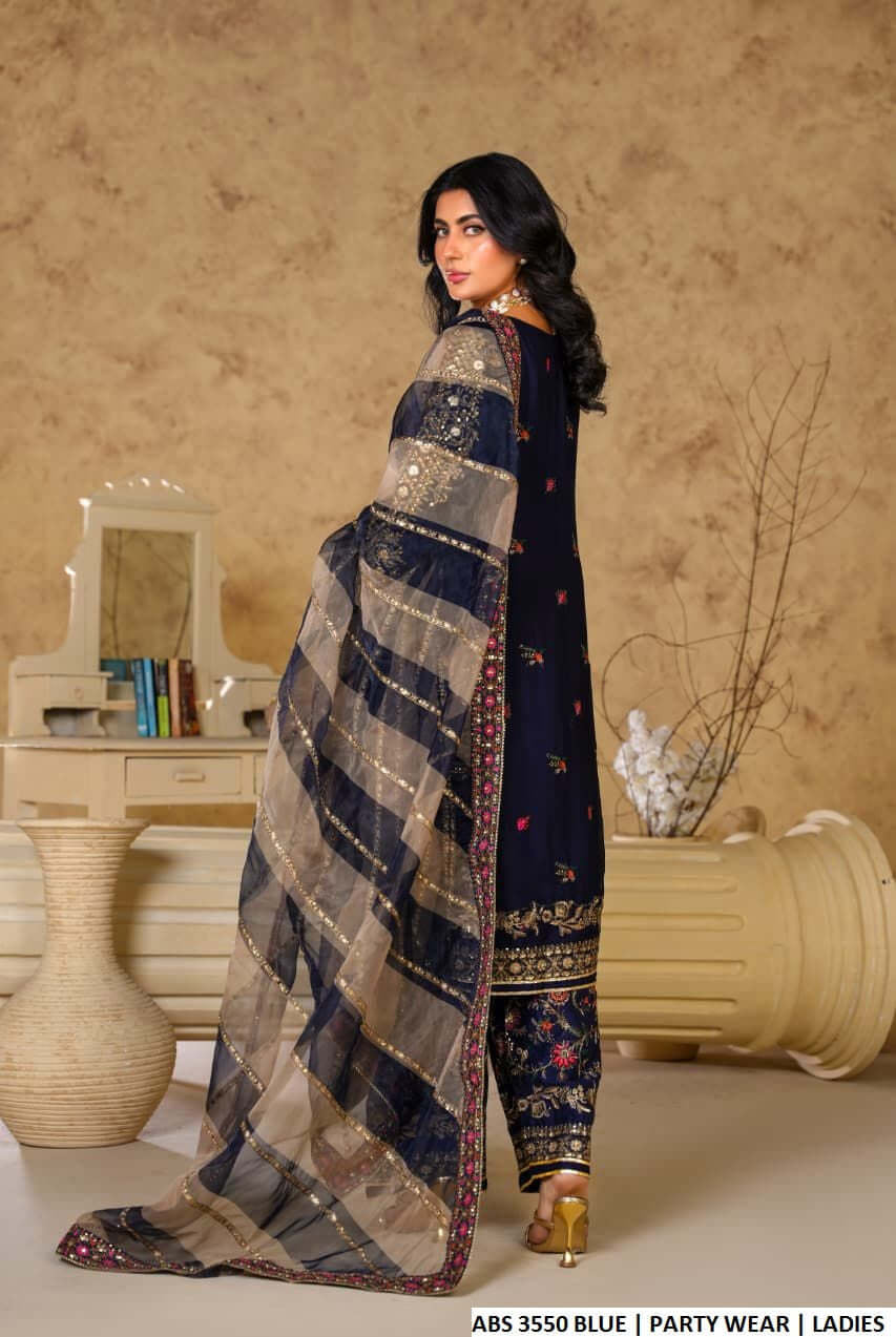 Pakistani women's blue chiffon straight shirt back view