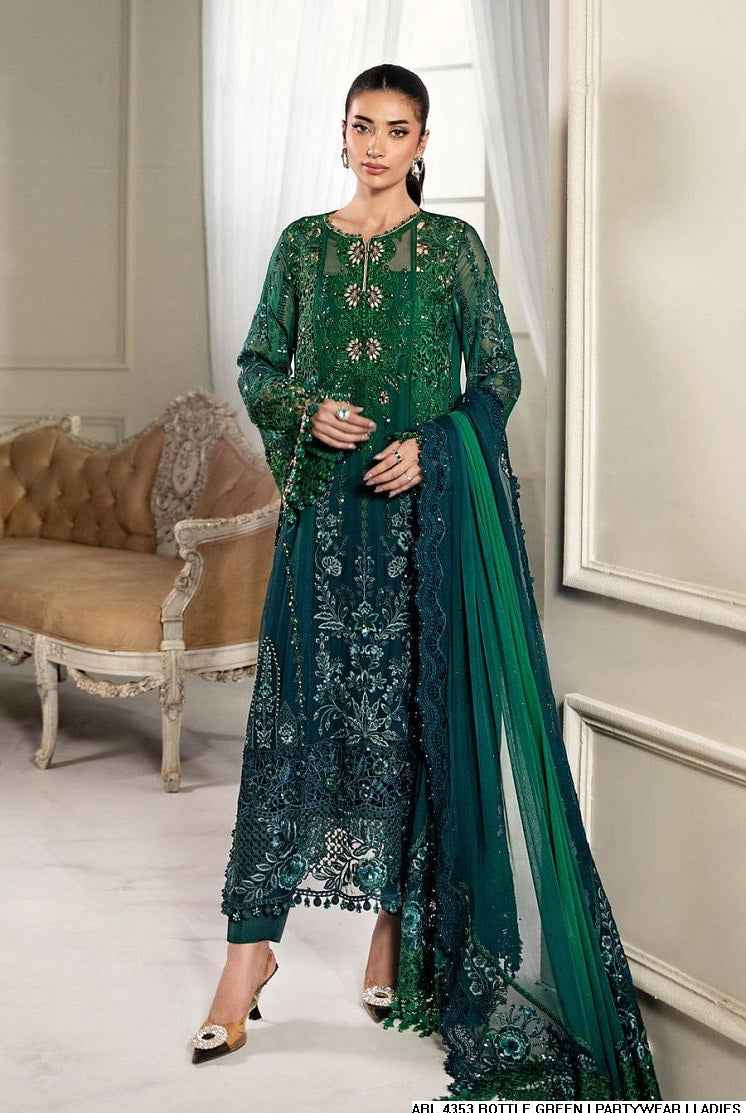 Chiffon A-Line shirt bottle green - Pakistani women's elegant formal wear with viscose trouser and chiffon dupatta front view