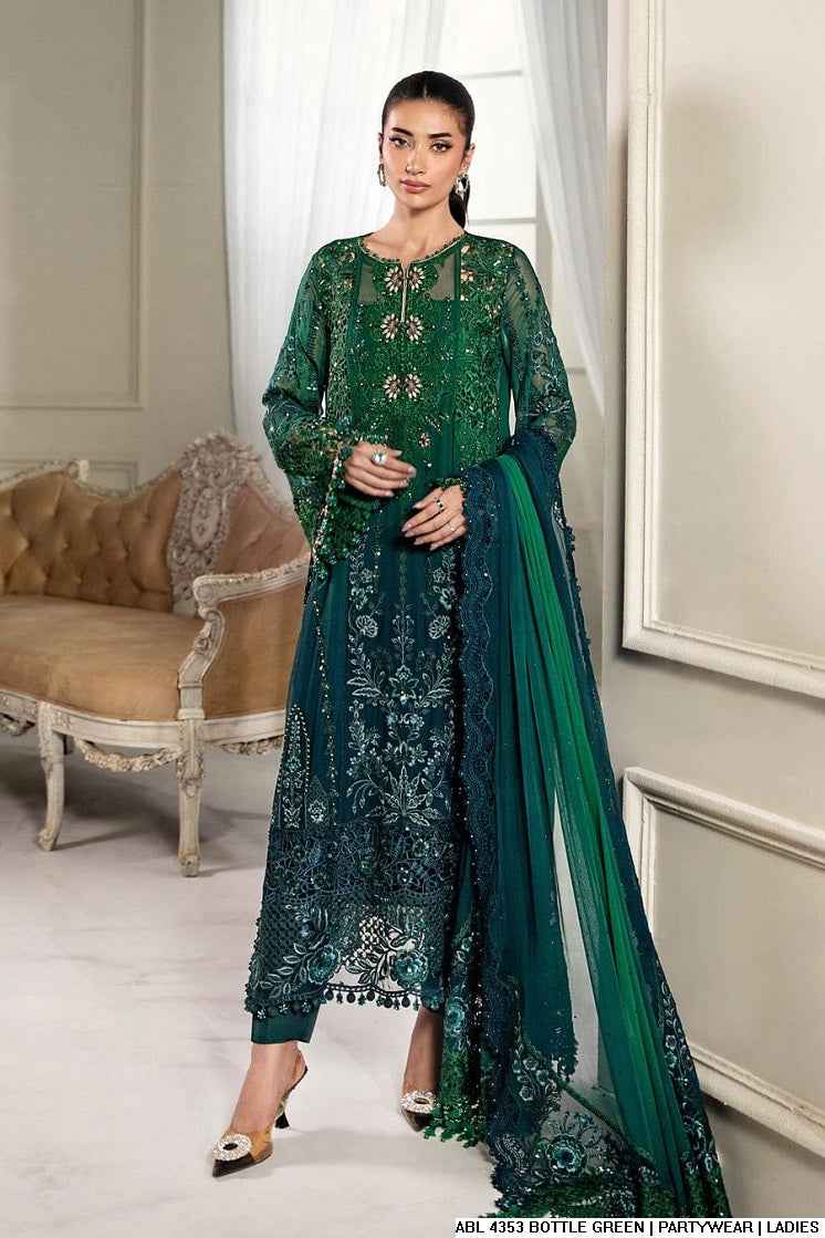 Chiffon A-Line shirt bottle green - Pakistani women's elegant formal wear with viscose trouser and chiffon dupatta front view