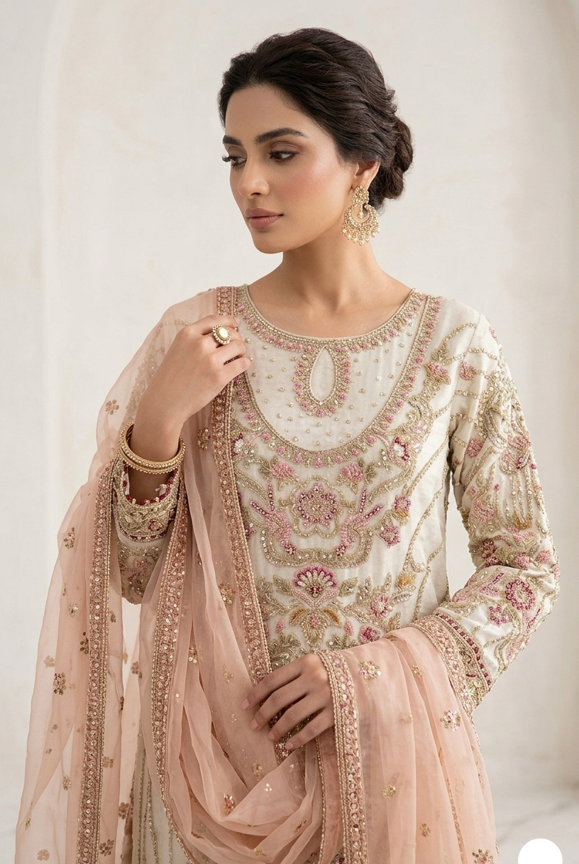 Off white organza Pakistani women's straight shirt with gharara side view