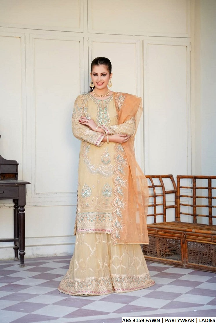 Chiffon straight shirt plazo ABS 3159 - Pakistani women's party wear with chiffon plazo and organza dupatta front view