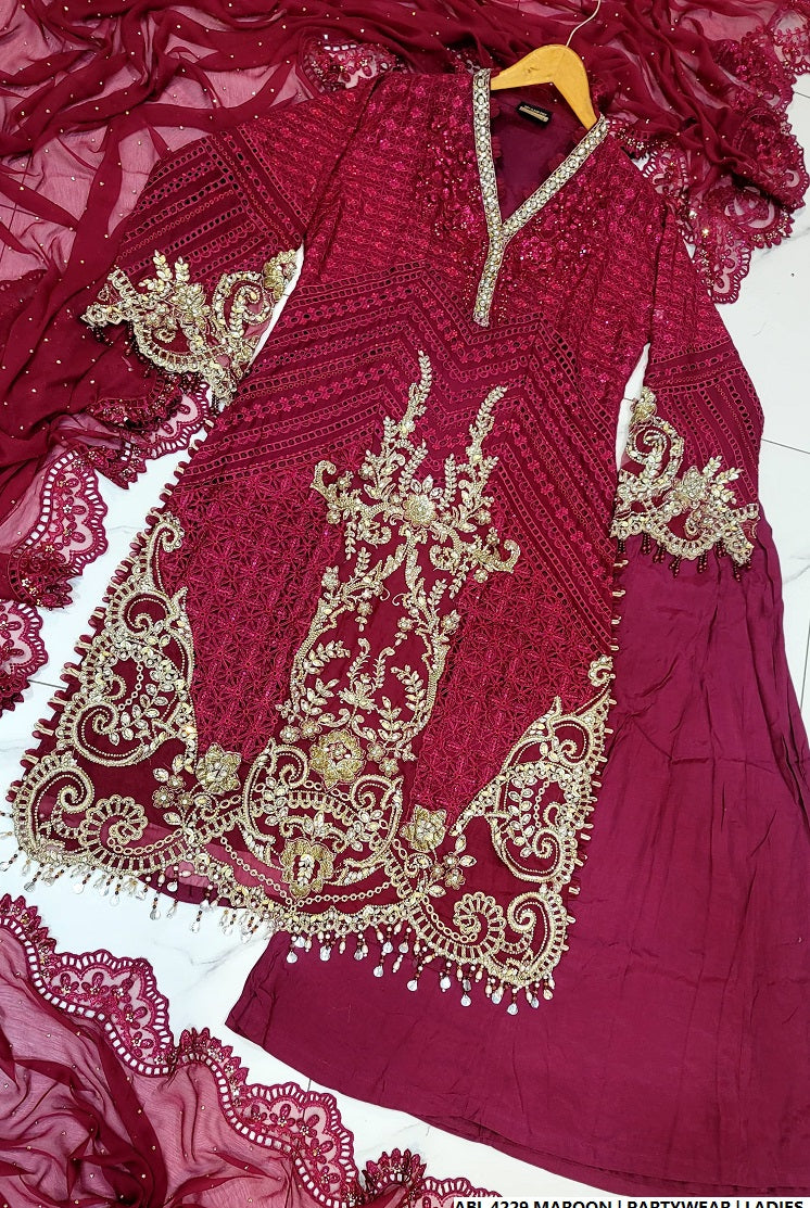 Pakistani women's maroon organza A-Line shirt full view