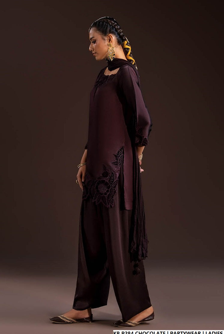Pakistani women's chocolate brown hand embroidered luxury suit back view