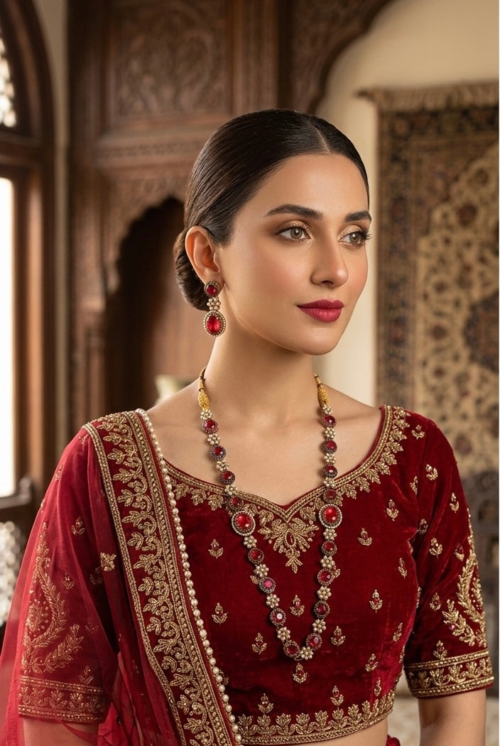 Ruby crimson statement necklace set JW229 - Pakistani women's luxury bridal jewelry with maroon ruby stones and gold beads front view