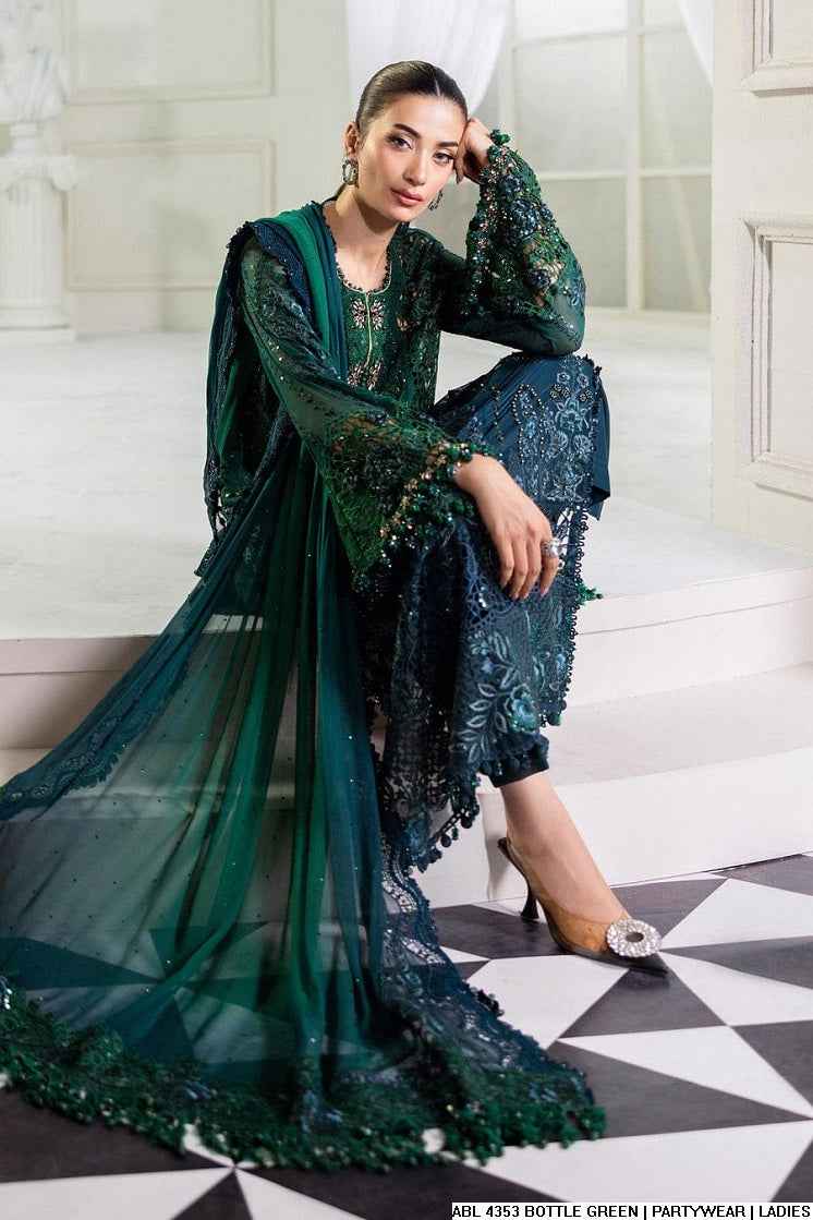 Pakistani women's bottle green chiffon A-Line shirt detail view