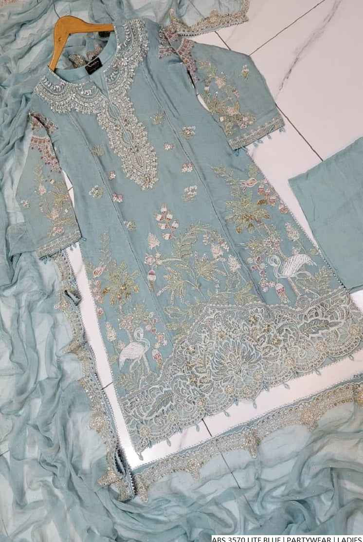 Pakistani women's light blue organza straight shirt detail view