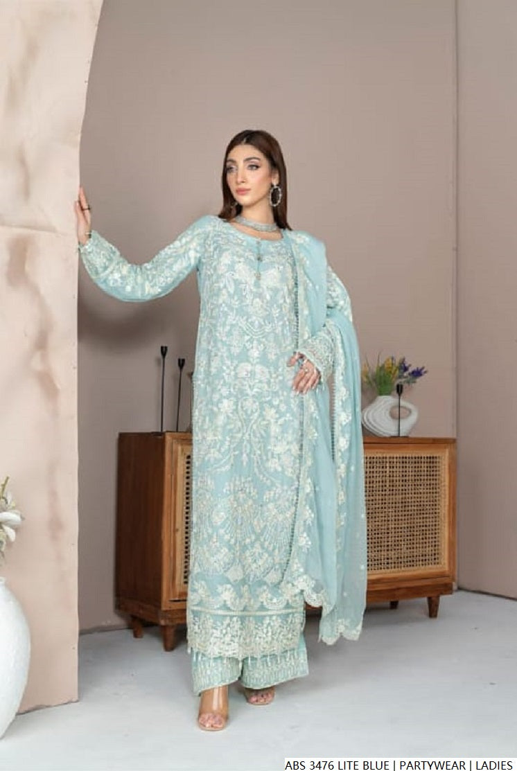 Pakistani women's light blue chiffon straight shirt back view