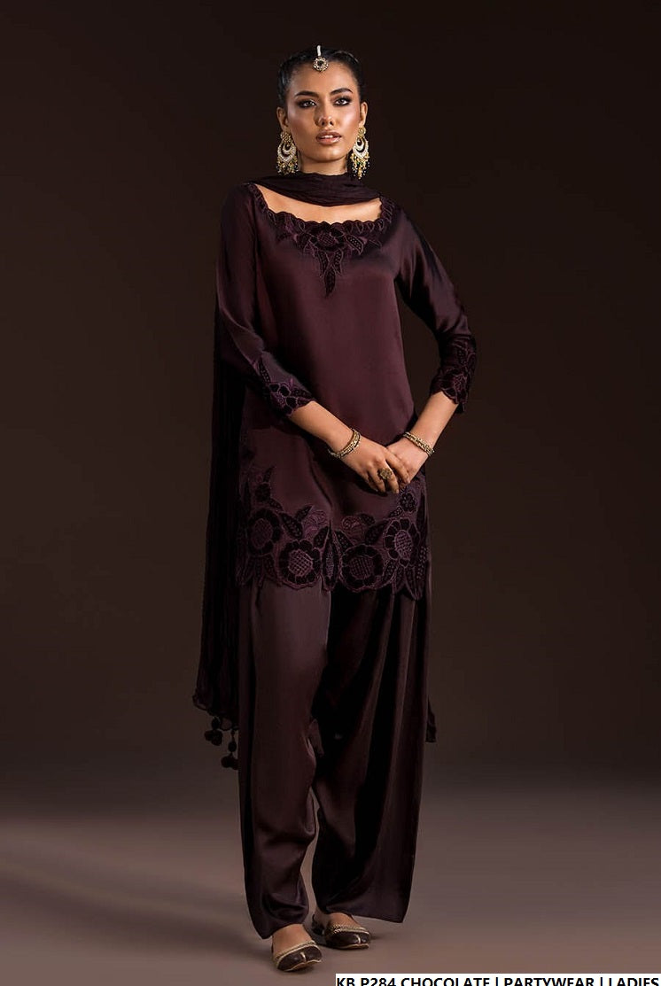 Hand embroidered luxury suit chocolate brown - Pakistani women's bridal formal wear with embroidered dupatta front view