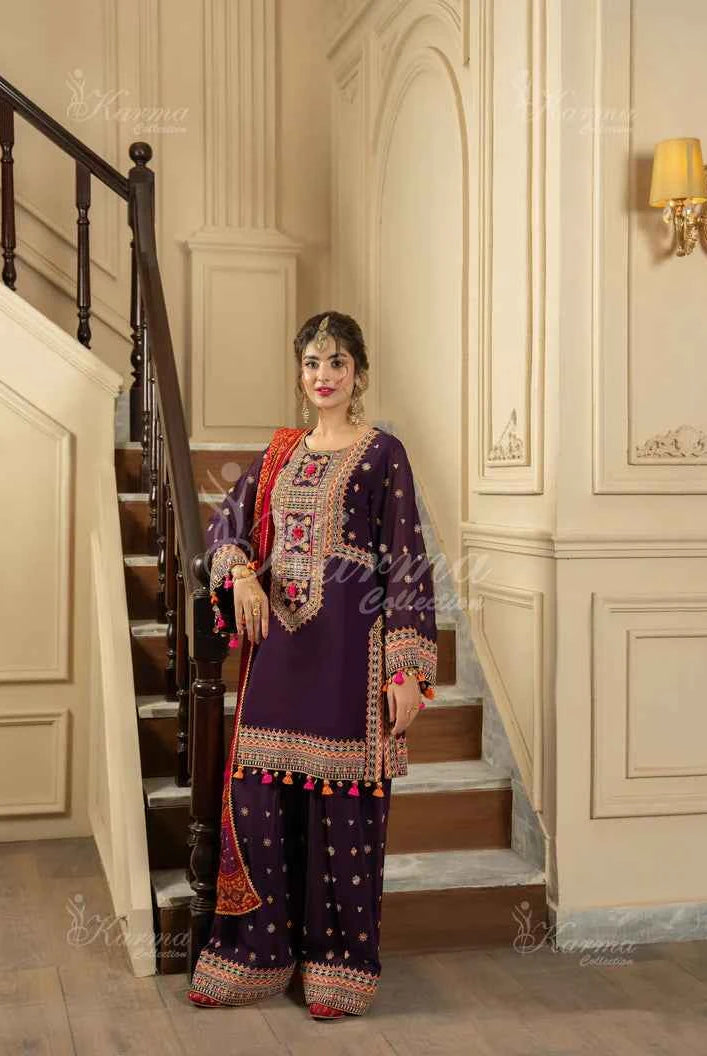 Silk short shirt farshi shalwar plum - Pakistani women's traditional formal outfit front view