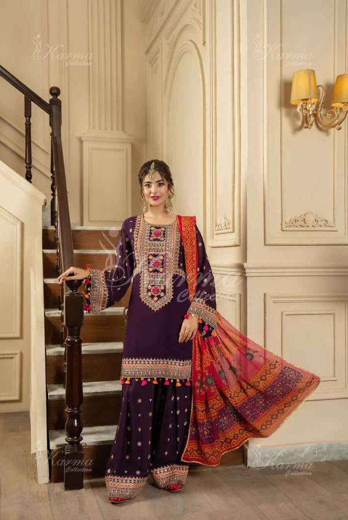 Plum silk Pakistani women's short shirt with farshi shalwar side view