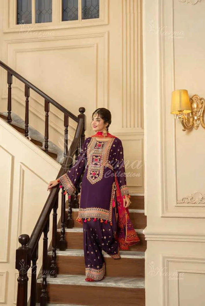 Pakistani women's plum silk short shirt farshi shalwar detail view