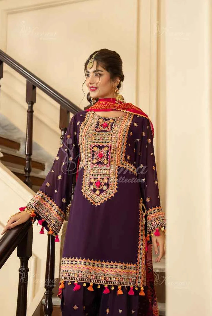 Pakistani women's plum silk short shirt farshi shalwar full view