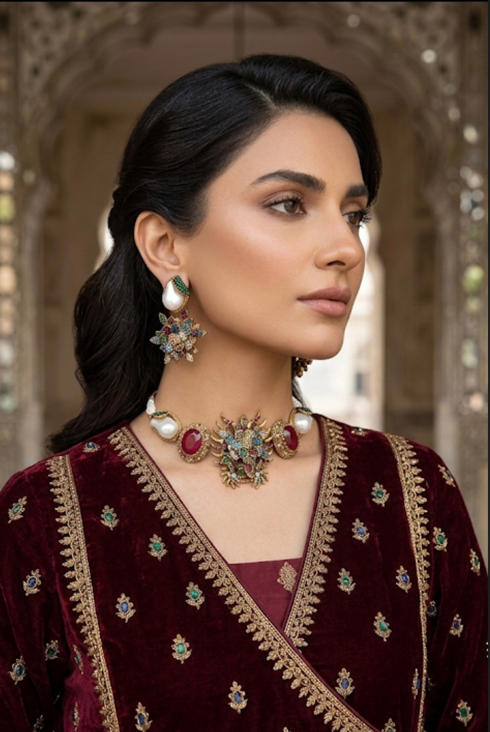 Ruby multi-stone royal choker set JW309 - Pakistani women's luxury bridal jewelry with ruby red stones and baroque pearls front view