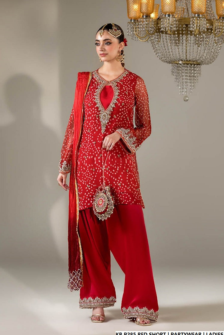 Hand embroidered luxury short suit red - Pakistani women's bridal formal wear with embroidered dupatta front view