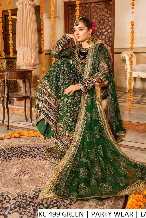 Chiffon long frock plazo green - Pakistani women's luxury formal wear with viscose plazo and chiffon dupatta front view