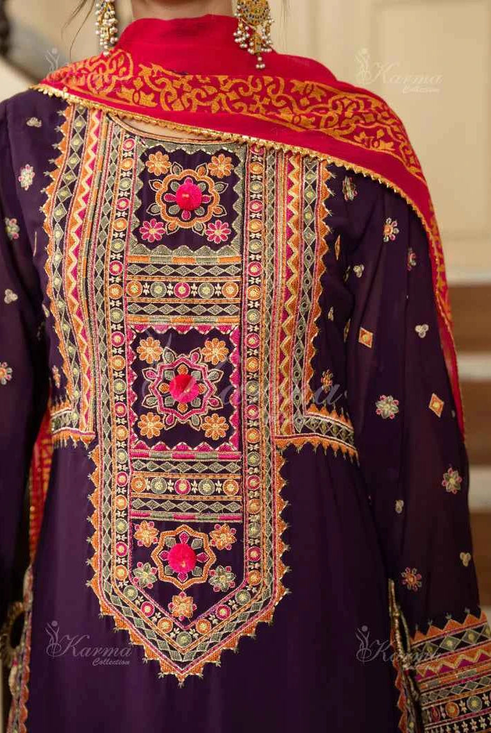 Pakistani women's plum silk short shirt farshi shalwar back view