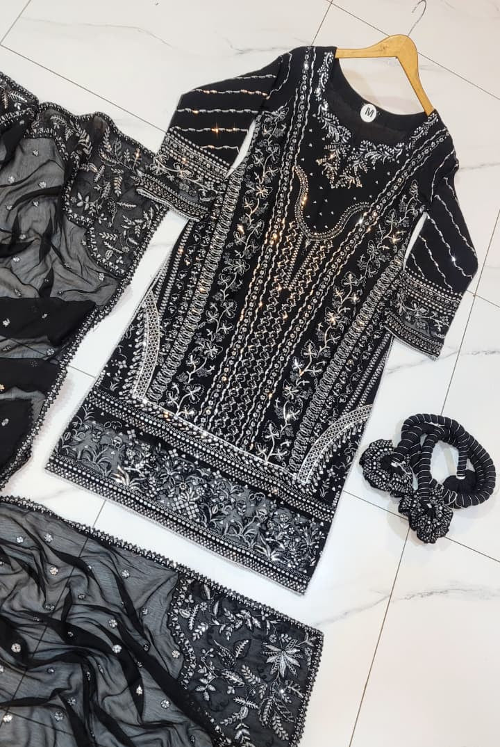 Pakistani women's black organza straight shirt plazo back view