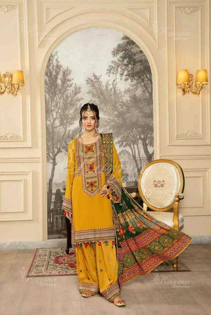 Silk short shirt farshi shalwar mustard yellow - Pakistani women's traditional formal outfit front view