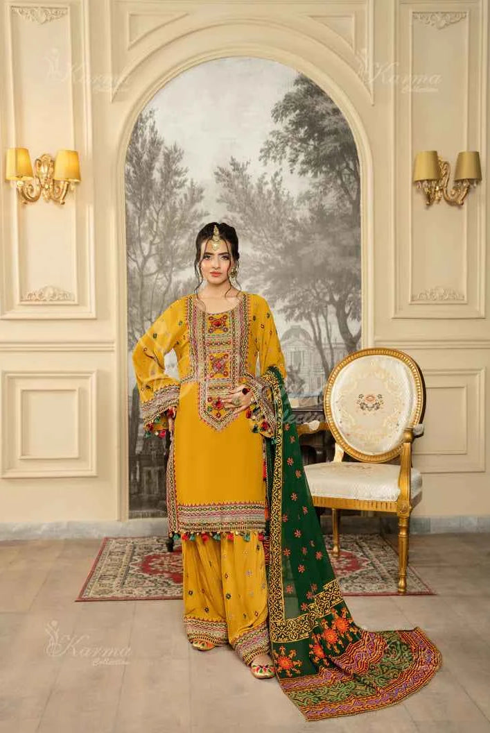 Mustard yellow silk Pakistani women's short shirt with farshi shalwar side view