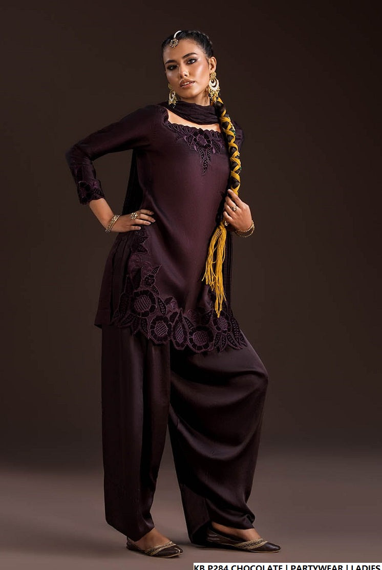 Chocolate brown hand embroidered Pakistani women's luxury suit side view