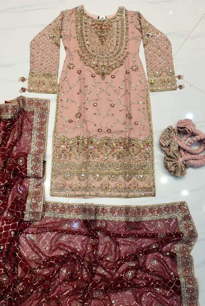 Pakistani women's tea pink chiffon straight shirt plazo back view