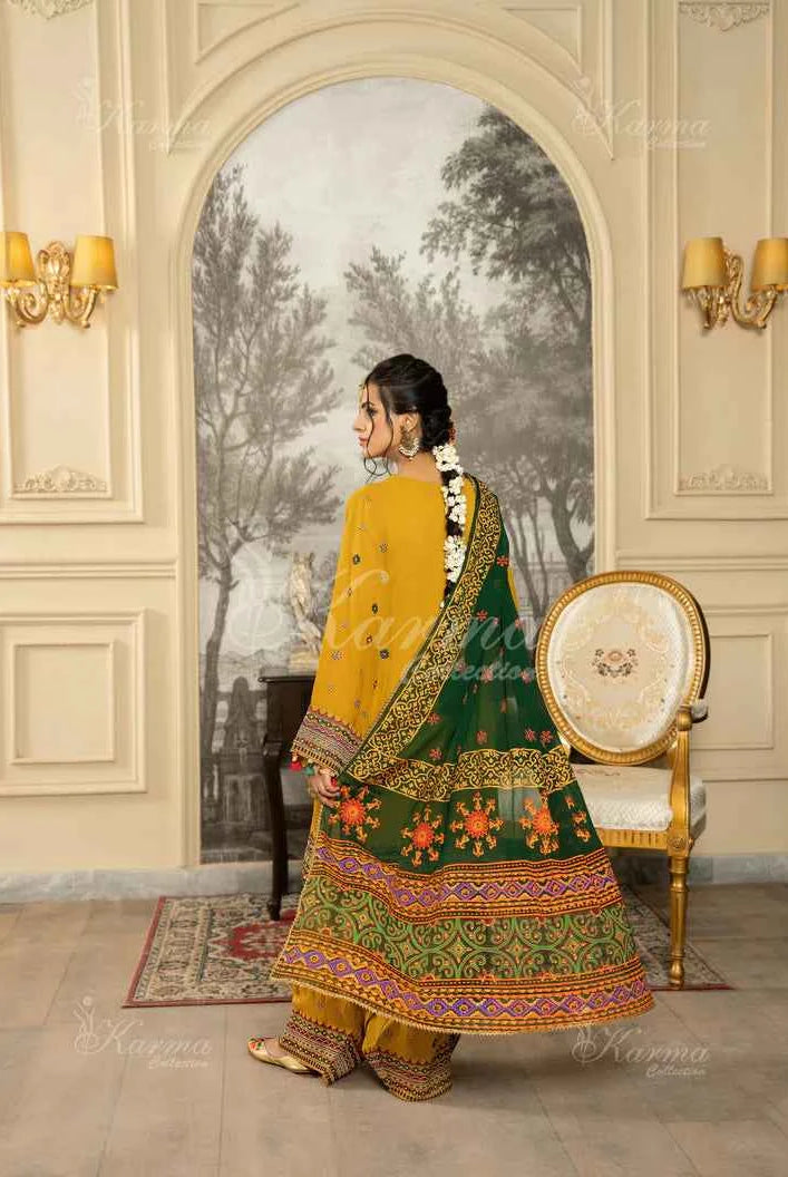 Pakistani women's mustard yellow silk short shirt farshi shalwar detail view
