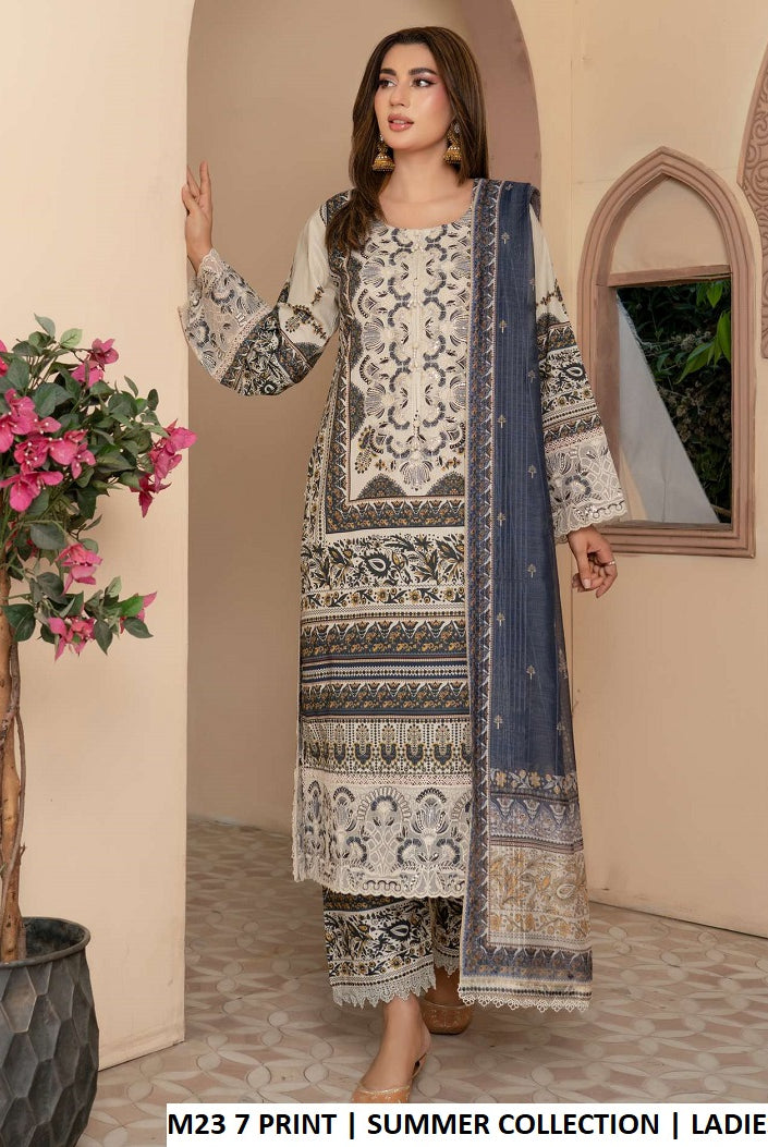 Lawn straight shirt plazo M23 7 PRINT - Pakistani women's summer casual outfit with digital printed dupatta front view